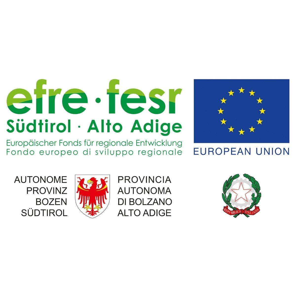 Logo ufficiale del Fondo Europeo di Sviluppo Rurale composto dalla scritta in italiano e tedesco efre - fesr, la bandiera dell'Unione Europea, lo stemma della provincia autonoma di Bolzano e quello della Repubblica.