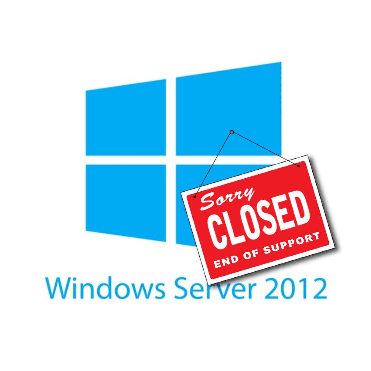 Il logo di Microsoft Windows Server 2012 con appeso il cartello "Closed - End of support"