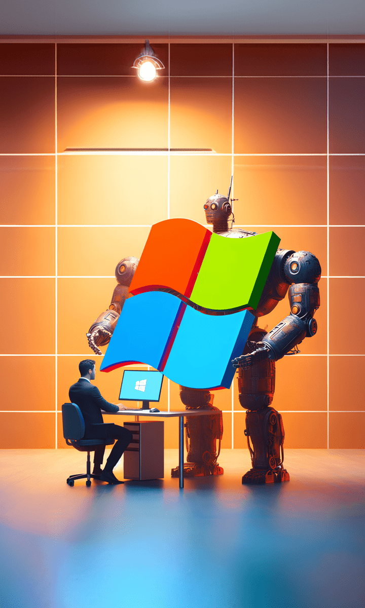 Un robot sorregge il pittogramma di Microsoft 365 al fine di aiutare una persona al PC.